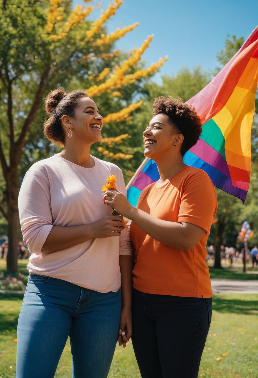 A warm and inviting scene showcasing a diverse group of LGBTQ+ individuals sharing joyful moments in a colorful park setting. Incorporate elements of nature like blooming flowers and rainbow flags waving in the gentle breeze, with laughter and love in their expressions. Showcase intimacy through close physical contact, like hand-holding or embracing, with a bright blue sky above. The overall aesthetic should convey inclusivity, happiness, and a sense of belonging. vibrant colors. super-realistic.