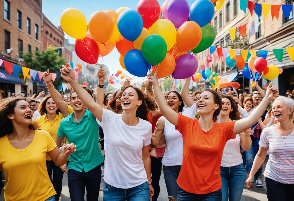 A vibrant celebration scene featuring diverse same-sex couples joyfully dancing in a colorful parade. The background is filled with rainbow flags, lively music notes, and balloons, embodying a sense of love, freedom, and community. Bright, warm colors highlight the excitement and happiness of the event, with smiles and laughter all around. Artistic, expressive brush strokes enhance the festive atmosphere. super-realistic. vibrant colors. 3D.