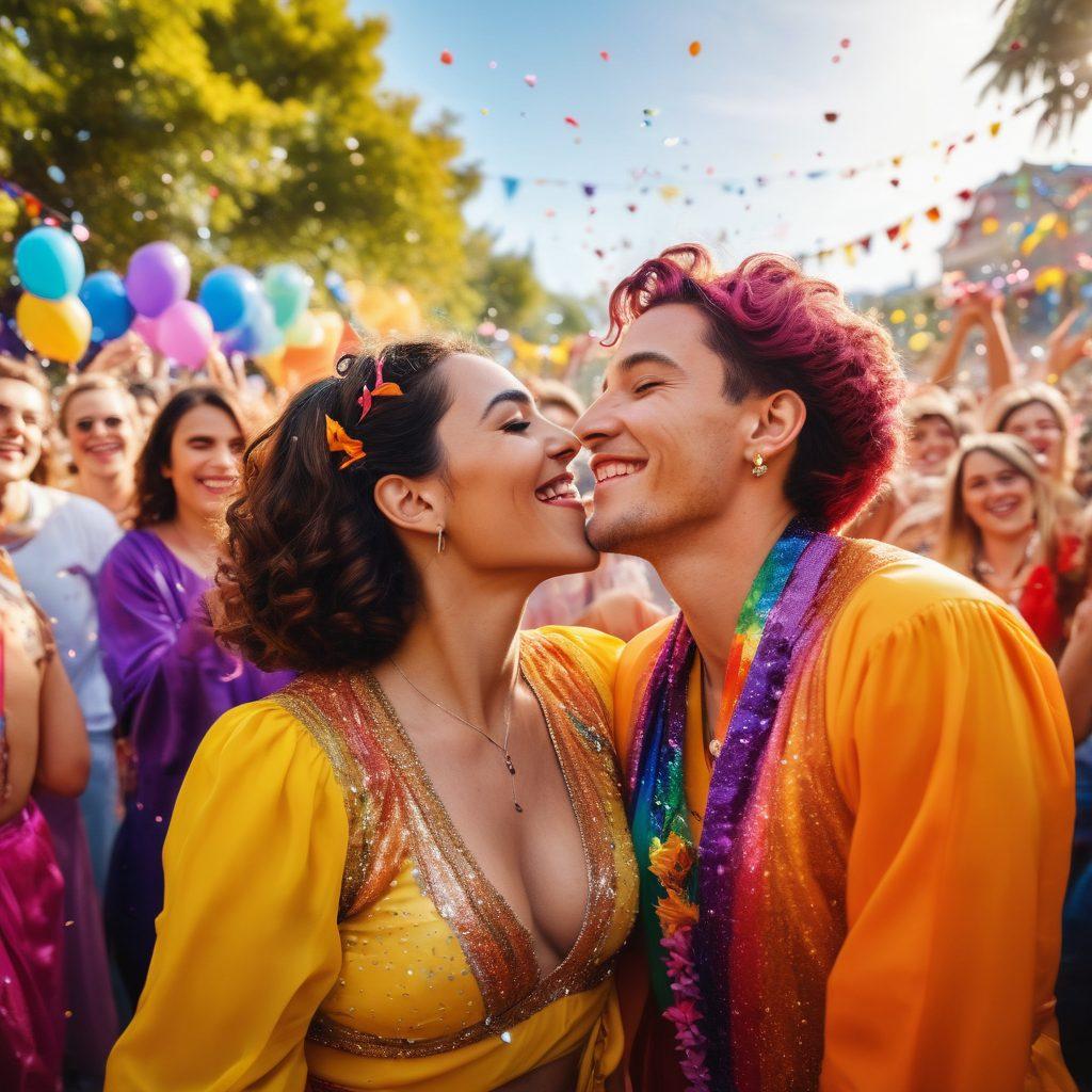 A vibrant celebration scene filled with a diverse group of LGBTQ+ individuals embracing joy and happiness, adorned in colorful attire and surrounded by glittering decorations. The background shows a sunny park with rainbow banners flying, playful confetti falling, and symbols of love and pride. The atmosphere radiates warmth and connection, capturing the essence of joyful experiences and sensual storytelling. bright colors. super-realistic. festive atmosphere.